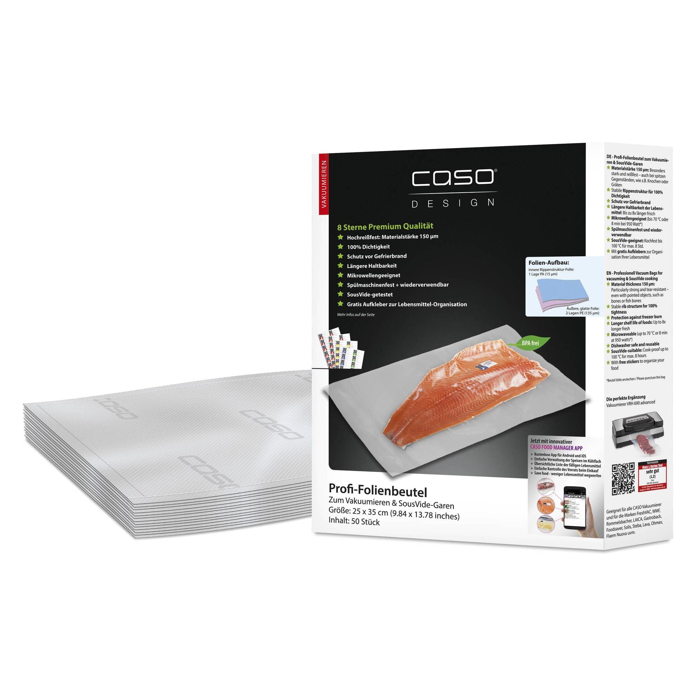 Caso Profi-Folienbeutel, 25 x 35 cm, 50 Stück für Vakuumierer inkl. Food Manager Etiketten (1229)