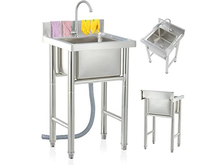 ZQFHSX Edelstahl-Einzelbecken-Spüle, freistehend, für den gewerblichen Einsatz im Freien, Camping, mit Armatur, für Restaurant, Küche, Bar usw.