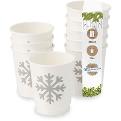 BIOZOYG 25 Stück Trinkbecher Einwegbecher, Pappbecher, 200ml / 8oz, Winterdesign mit Schneeflocken, doppelwandig für heiße Getränke, kompostierbar