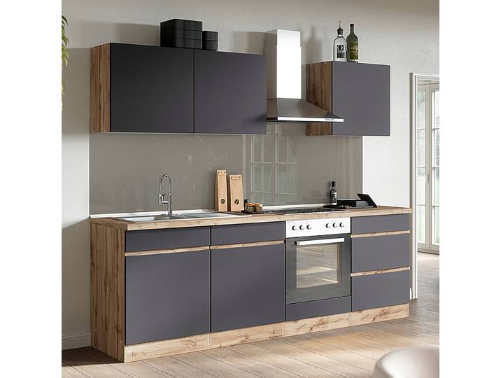 Küchenzeile Turin 240 cm 240 x 200 x 60cm Braun/Grau/Grau/Wotaneiche Dekor ohne Elektrogeräte