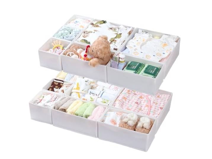 ORLISA Organisateur Tiroir 14 Pièces – Compatible Commode Malm\, Boîtes de Rangement Pliables en Tissu\, Séparateurs pour Vêtements\, Sous-vêtements\, Chaussettes et Bébé – Blanc