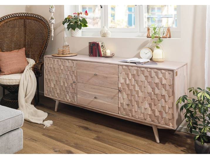 Sideboard Akazie 180x42x75 weiß lackiert MOSAYK #200