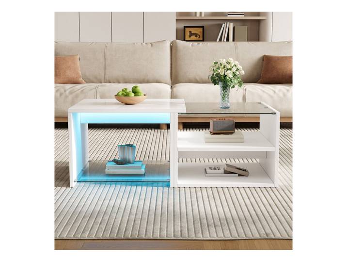Merax Couchtisch mit LED-Beleuchtung, Beistelltisch Sofatisch mit Hochglanz-Oberfläche (100x50x38 cm, 1-St), Wohnzimmertisch mit Glasplatte, 2 offenen Ablagefächern & Stauraum