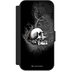 Nivocase Klapphülle für Apple iPhone 16 Handyhülle aus Kunst Leder NIVOflip schwarz Gothic Schädel (Apple iPhone 16), Smartphone Hülle, Schwarz
