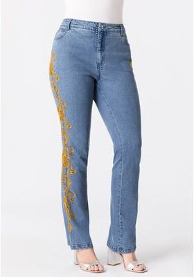Plus Size Women's Plus Size Whitney Jean with Invisible Stretch® by Denim 24/7 by Roamans in Gold Swirl Embroidery (Size 32 W) Embroidered Bootcut Je