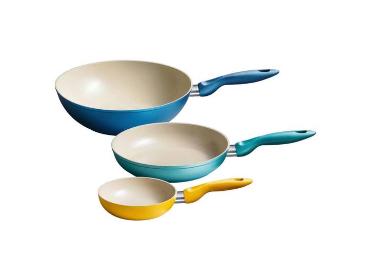 Kelomat Pfannenset Ceramic Color, Blau, Gelb, Hellblau, Metall, 3-teilig, rund, PTFE-frei, Kochen, Pfannen, Pfannensets