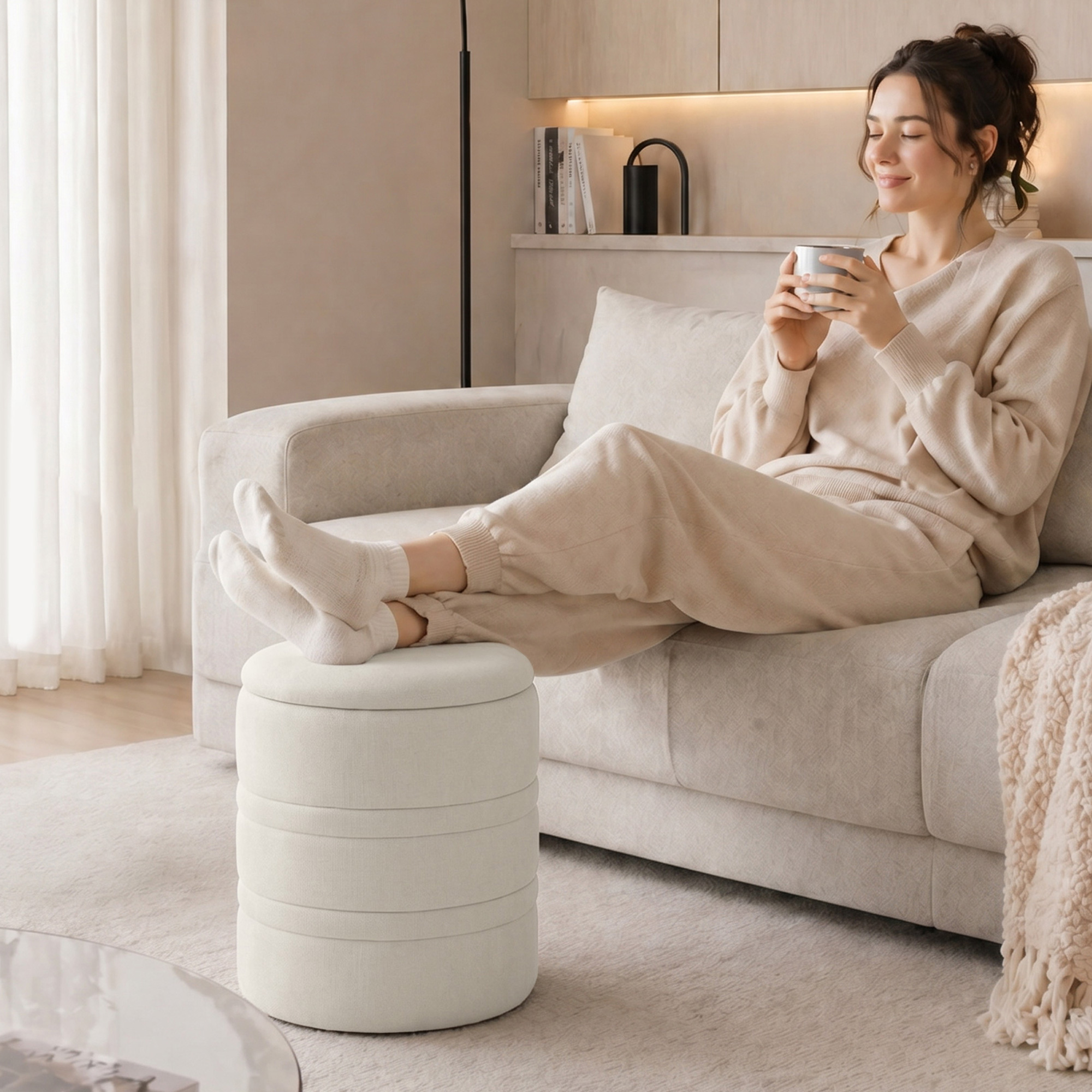 Homcom Pouf Contenitore in Ciniglia con Coperchio, Sgabello Rotondo per Soggiorno e Camera, Beige   Aosom Italy