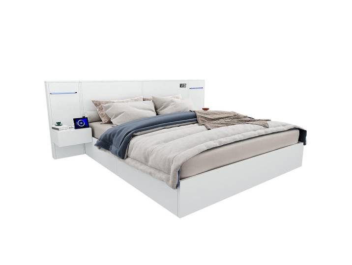 Okmyhome Polsterbett 160/200 cm Weiß aus MDF mit Bluetooth-Lautsprechern und USB-Anschluss, Rechteckig, 160x200 cm, Schlafzimmer, Betten, Polsterbetten