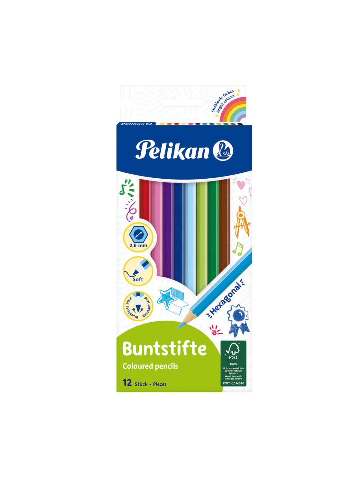 Pelikan Buntstifte sechseckige Holzstifte Packung mit 12 Farben
