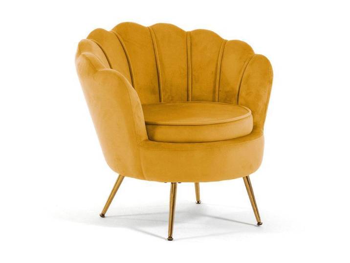 Fauteuil - PERLA - Moutarde - Velours - Dossier en coquille - Pieds en métal