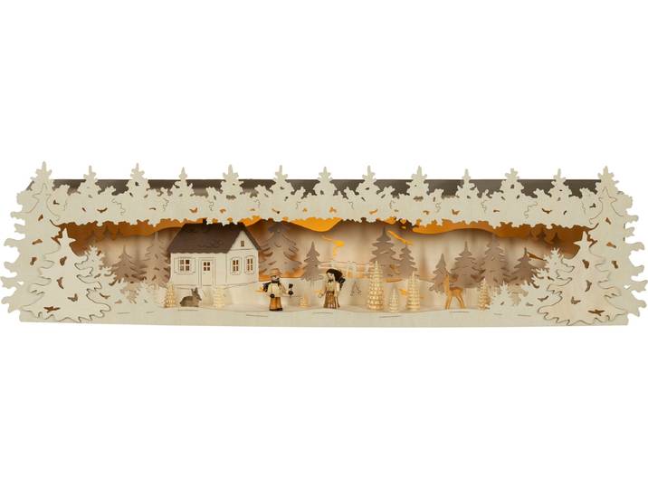 Schwibbogen-Fensterbank SAICO ORIGINAL Premium-Line-Lichterbogenerhöhung, Vor dem Waldhaus , beige (natur), B:76,5cm H:19cm T:14,5cm, Holz teilmassiv, Schwibbögen, Schwibbogen-Fensterbank, mit LED-Stripe, warmweiß, BxHxT: 76,5x19x14,5 cm