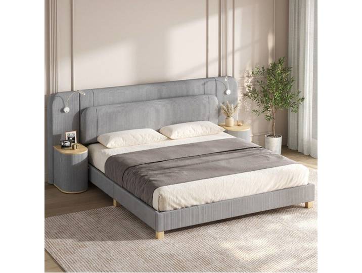 ROVRYN Lit double 180 x 200 cm gris en velours côtelé avec chevets intégrés et lampes LED