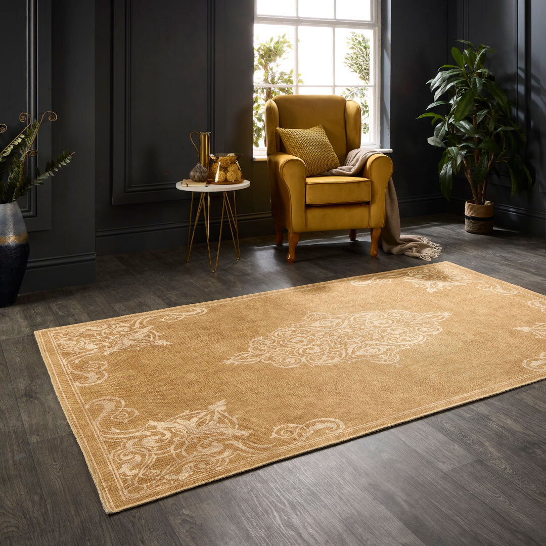 Brayden Studio Geometric Digitally Printed 100% Polyester Area Rug Gold Runner 61 x 230 cm