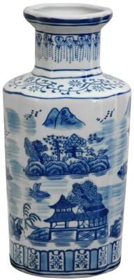 "Red Lantern 12"" Landscape Blue & White Porcelain Vase"