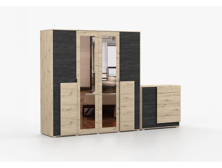 Drehtürenschrank und Kommode 2er-Set BAFRA/BAFRA 4S Artisan Eiche Artisan Eiche + Schwarze Norwegische Kiefer