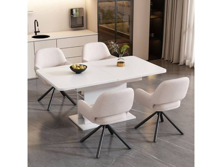 HOMVRA Ensemble table à manger extensible avec rangement et 4 chaises sherpa blanc