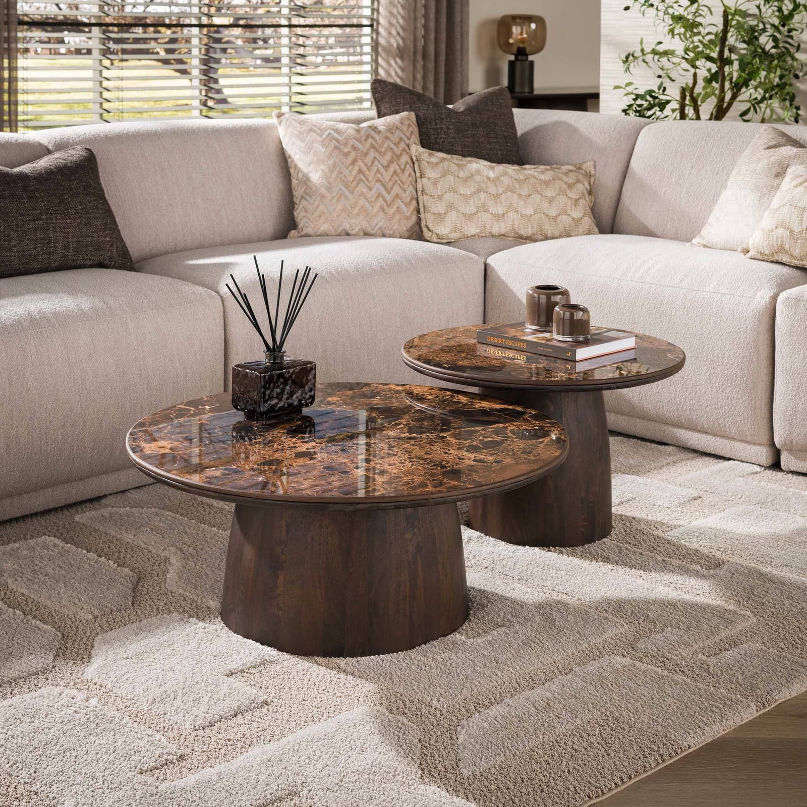 LifestyleFurn Elodie Ronde Salontafel Set van 2 stuks - Mangohout en Marmerlook - Bruin