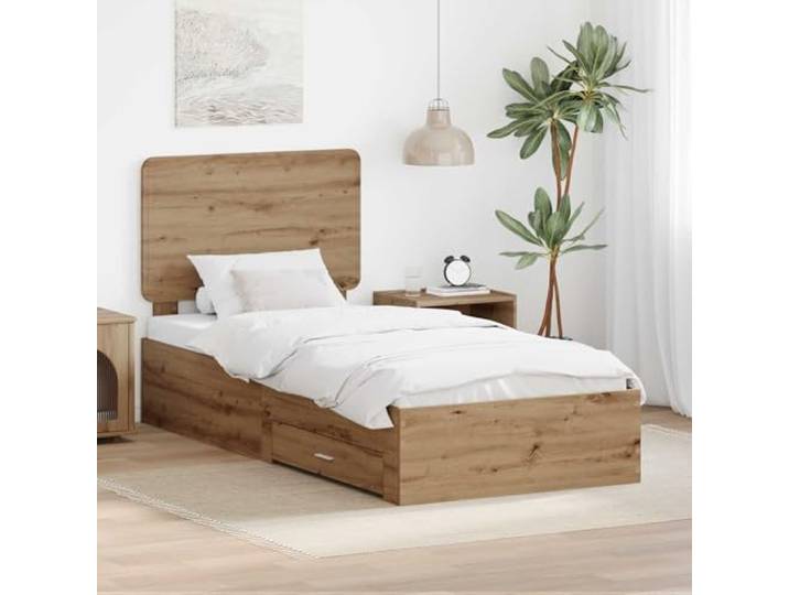 RJPLMFV Bettgestell, Eiche, 90 x 200 cm, Holz Mit Aufbewahrungsschubladen, integriertem Kopfteil, Lattenrosten, einfache Montage