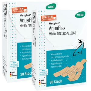 Wero Pflaster AquaFlex Mix, 60 Strips, wasserdicht, sensitiv, elastisch, 4 Größen, 30 Stück