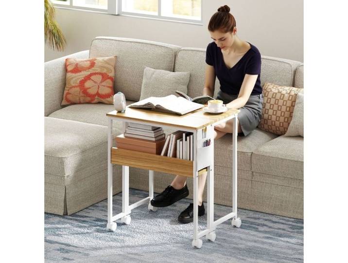Bureau pliable 63 cm avec roulettes étagère et poche de rangement bois naturel