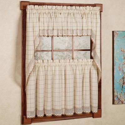 Sweet Home Collection Cotton Classic Toast Window Pane Pattern and Crotchet Trim Tiers, Swags and Valance Options