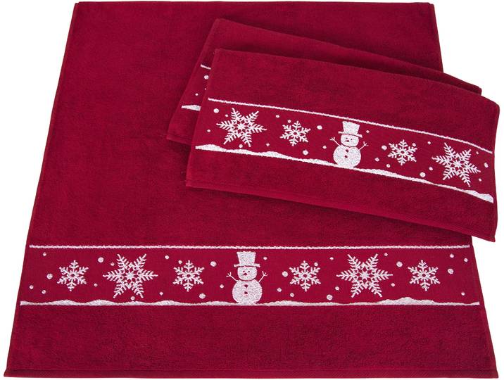 Handtuch Set DYCKHOFF Schneemann , rot (granat), 3 Stk., Frottier, Frottier, Obermaterial: 100% Baumwolle, Handtuch-Sets, Handtuch Set, Made in Germany (2 Handtücher, 1 Duschtuch)