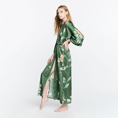 KIM + ONO Floral Tie Waist Kimono Robe with Side Slit   KIM+ONO - forest / one size