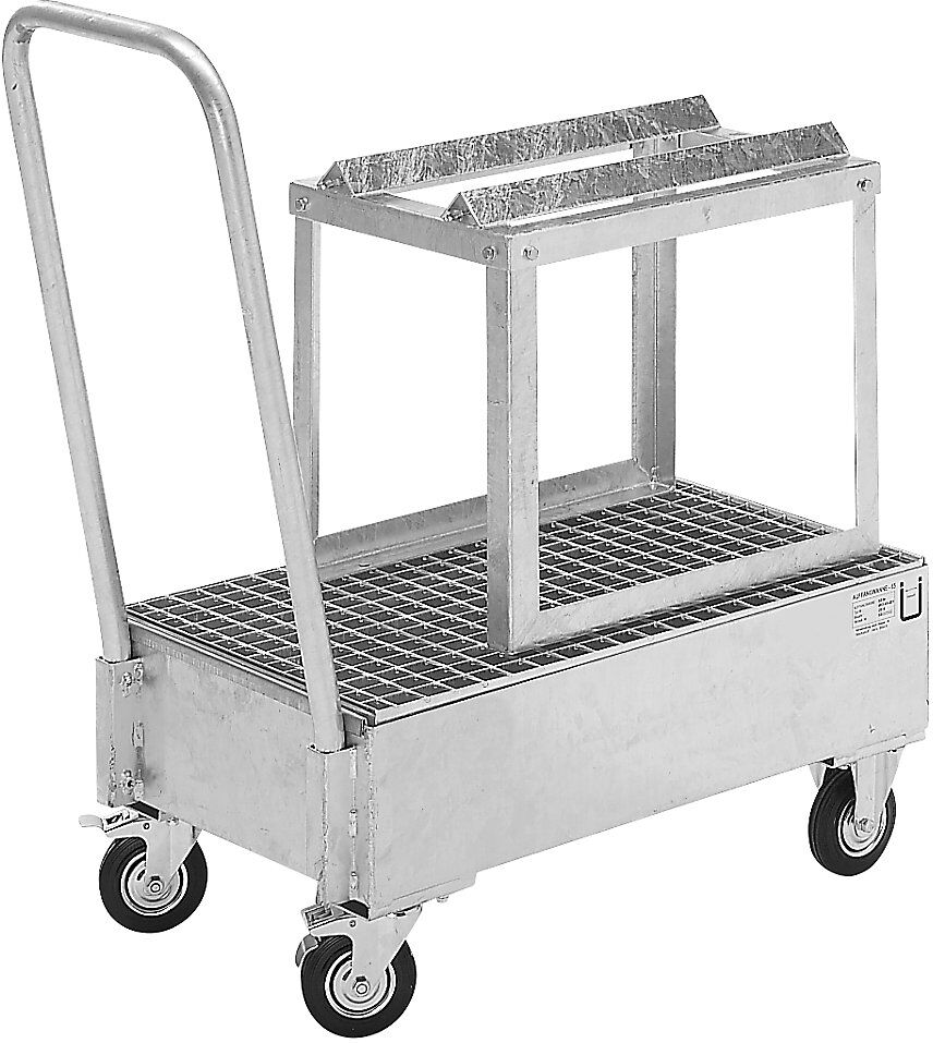 Fahrbare Auffangwanne aus Stahlblech, liegende Fässer, LxB 800 x 500 mm, 1 x 60-l-Fass, feuerverzinkt eurokraft basic