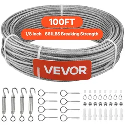 VEVOR Edelstahldrahtseil φ3,2 mm 30,5 m Länge, Drahtseil aus Edelstahl 304 mit einer Bruchlast von 2,94 kN, 7x7 Litzen Stahldraht, Geländerseil für Terrassengeländer, Gartenspaliere