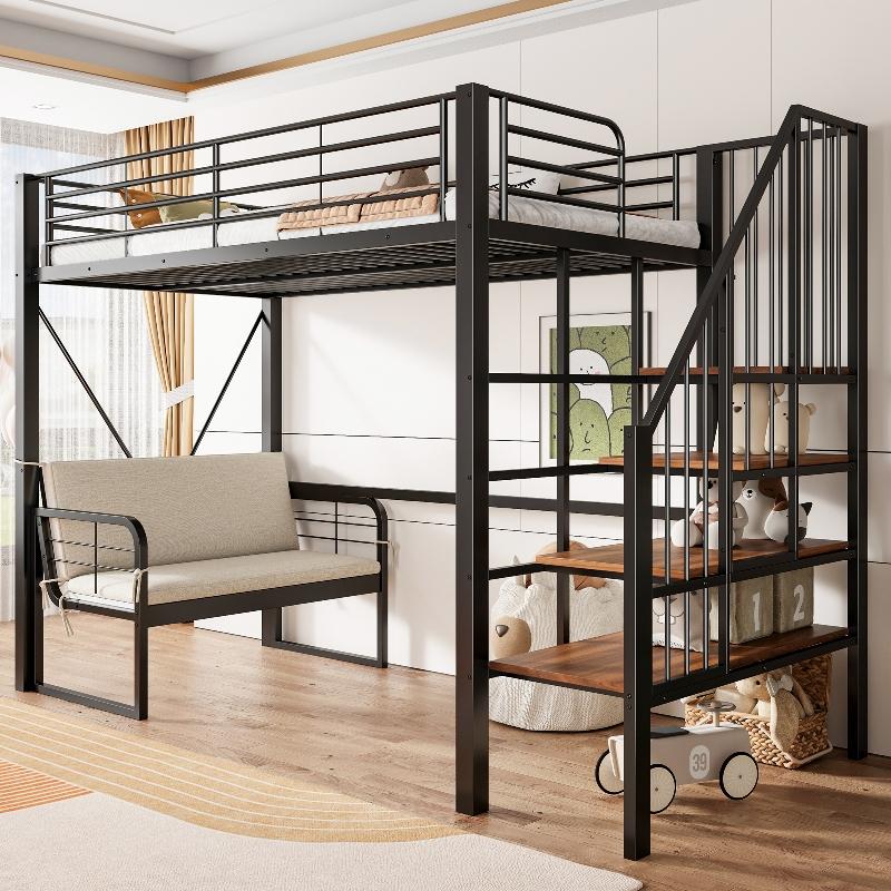 Etagenbett 90x200cm aus Metall mit Stauraumtreppe und abnehmbarem Polstersofa, schwarz-weißes Hochbett mit Holzpaneelen