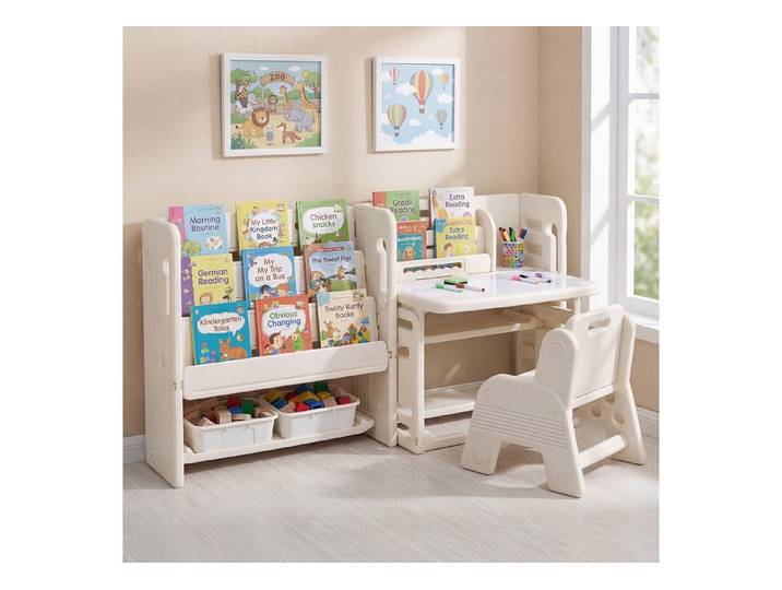 COSTWAY Kindersitzgruppe, (2-tlg), 4 in 1 Kindertisch mit Stuhl, Bücherregalen