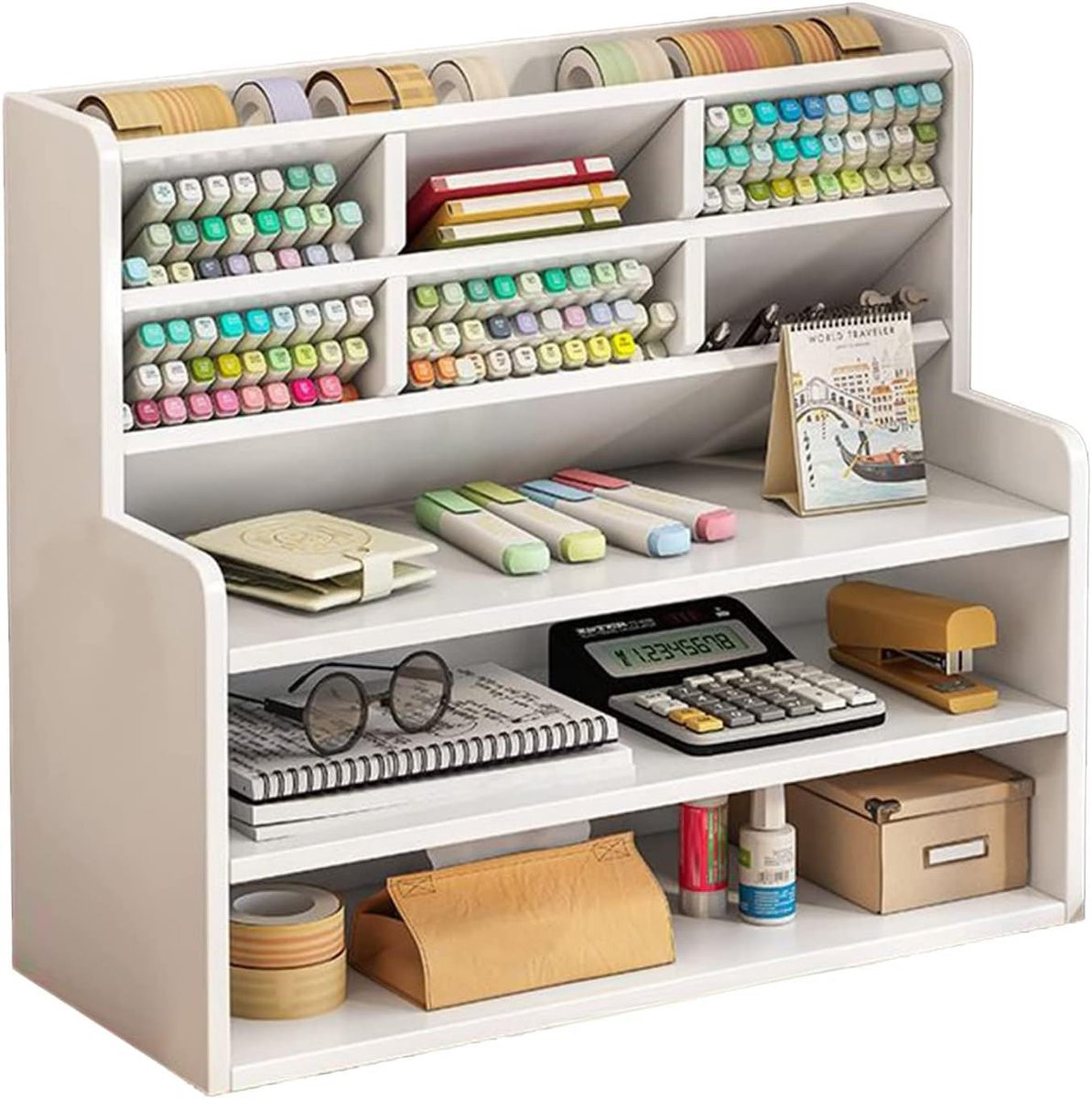 Multifunctioneel wit opbergrek met meerdere lagen voor je bureau of boekenkast, Breedte: 50 cm