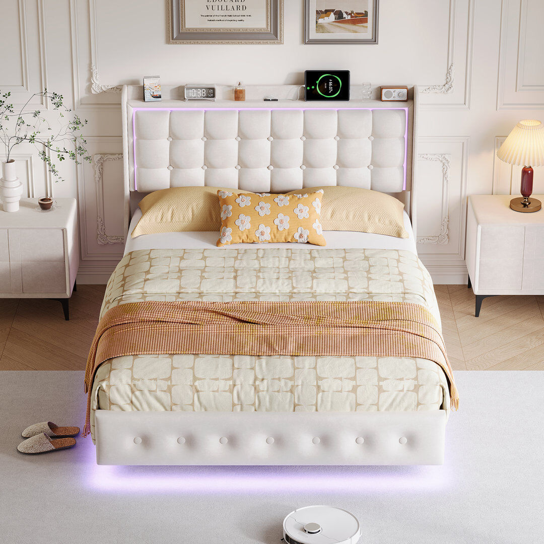 Ivy Bronx Upholstered Bed Beige European Double (140 x 200 cm)