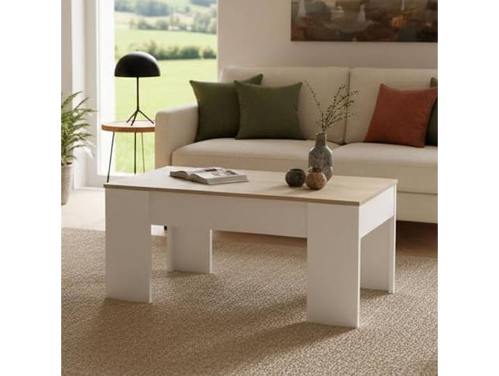Dmora - Couchtisch Oceanside, Couchtisch mit hochklappbarer Platte, niedriger Wohnzimmertisch, 100 x 50 x 45/56 cm, Weiß und Eiche