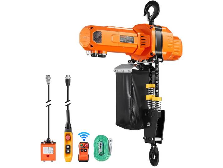 VEVOR Elektrische Kettingtakel 1000 Kg\, 3 M Hefhoogte\, 230 V Eenfasige Bovenloopkraan met 100 M Draadloze en 2\,4 M Bekabelde Afstandsbediening\, Noodstop\, 2-In-1 Elektrische Kettingtakel voor Fabrieken\, Magazijnen en Garages.