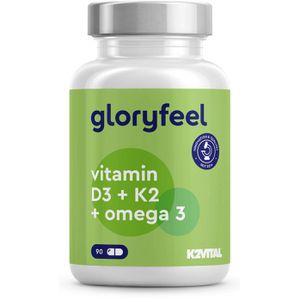 gloryfeel Vitamin-D 90 Kapseln, Vitamin D3 + K2 MK7 + Omega3, hochdosiert, je Kapsel 5000 I.E.