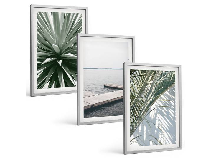 BILDER SET 3er Set - 40x60 cm Silberner Rahmen - Palmenblätter-Holzbrücke