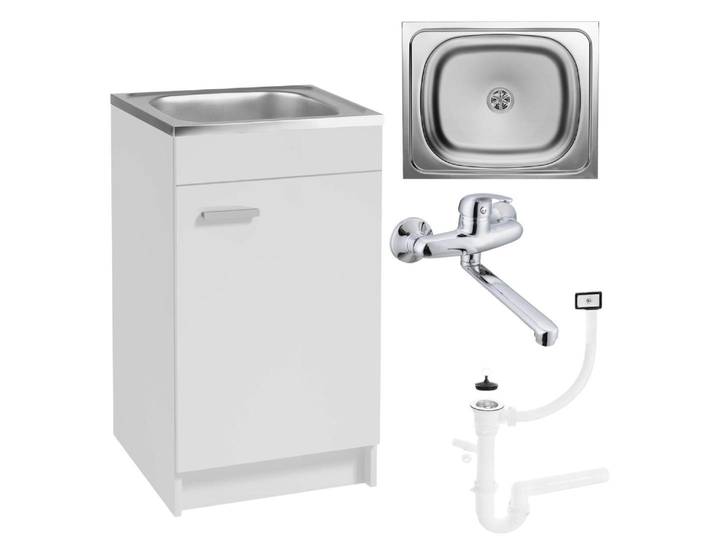 Stamar armoire de cuisine - blanc - évier - 50 x 40 cm - robinetterie murale chrome - siphon