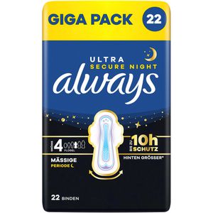 always Damenbinden Ultra Secure Night, Größe 4, geruchsneutralisierend, mit Flügeln, 22 Stück