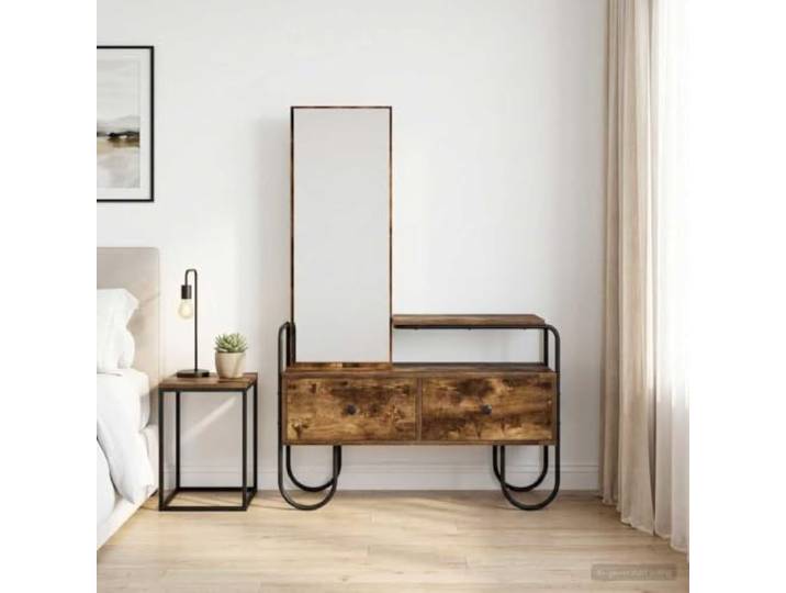 TUERYAFEK Schminktisch mit Schubladen Geräucherte Eiche Holzwerkstoff Stabiler Stahlrahmen, Fußschutz, Wandbefestigung, modernes Design, Schlafzimmer