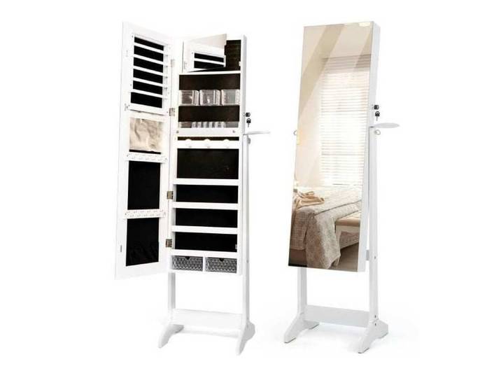 Design miroir plein pied armoire à bijoux sur pied LED 3 couleurs rangement verrouillable pour chambre