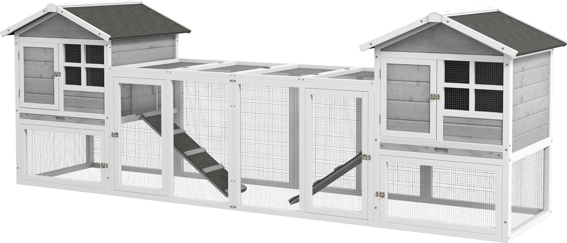Kleintierstall kombinierbar 2-in-1, Kaninchenstall Outdoor, Hasenstall Tannenholz, Weiß-Grau | ausziehbare Bodenwannen | 18 kg | 102 x 64 x 92 cm