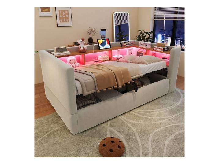Flieks Daybett, Polsterbett Hydraulisches Schlafsofa 90x190cm mit LED & Aufladen