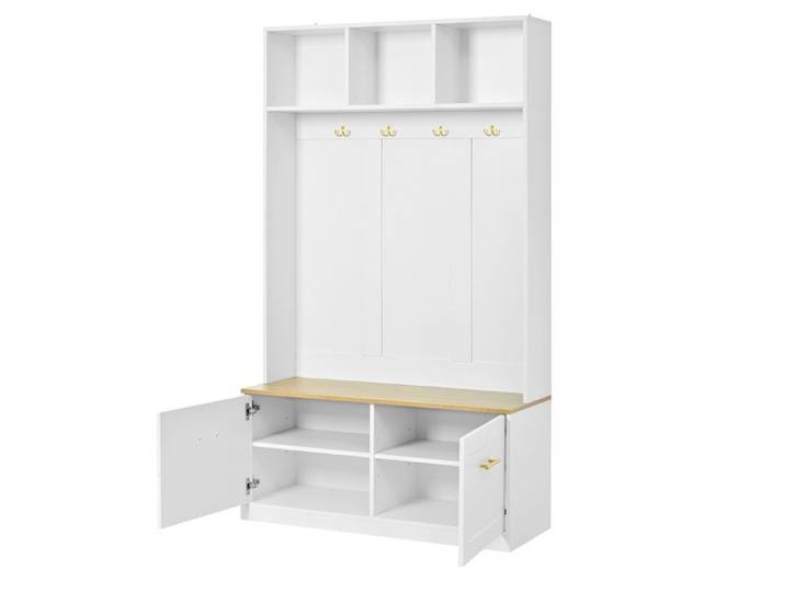 Ensemble vestiaire d'entrée avec banc - 4 patères 2 portes - Blanc et aspect bois - 105 x 40 x 180 cm
