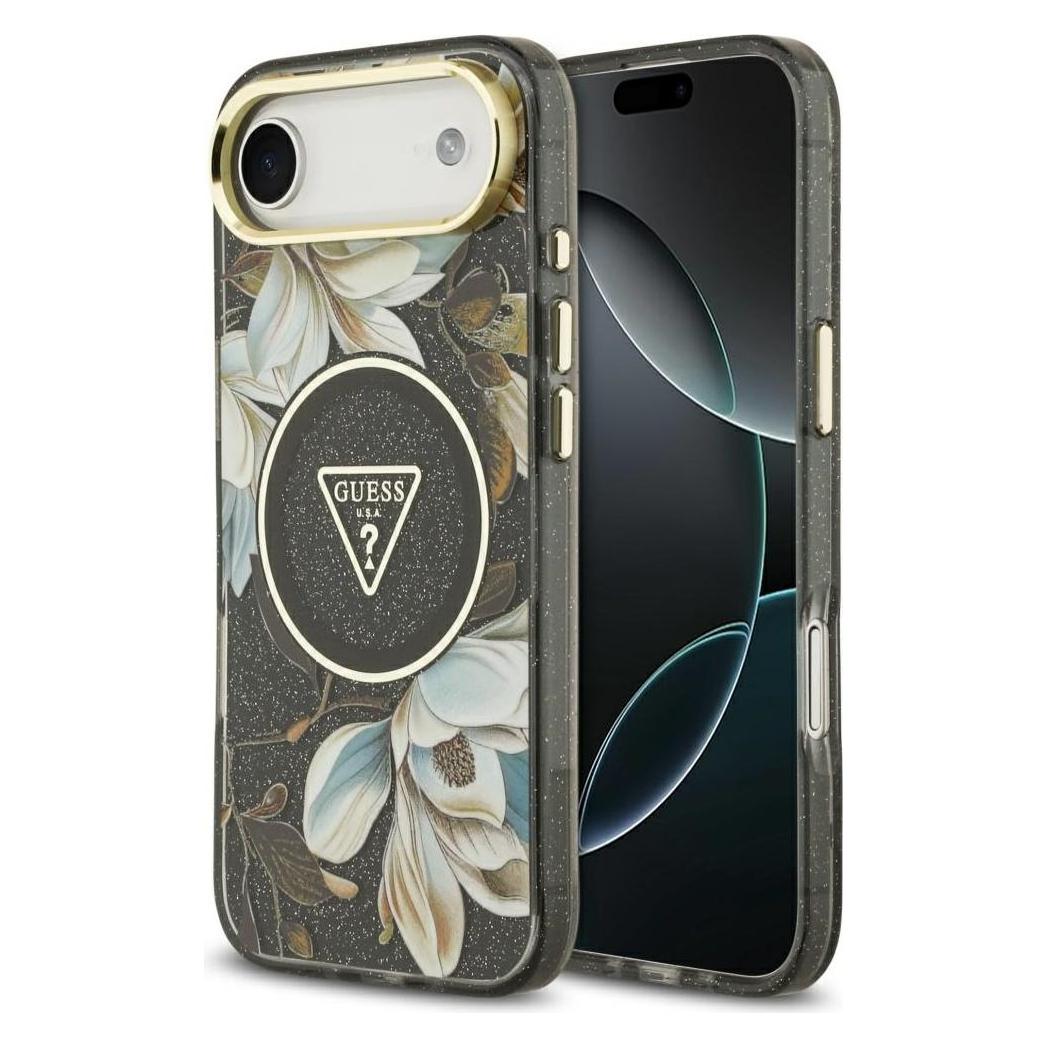 Guess Case Magsafe IML Case Glitter Flowers And Triangle With Metal Camera Frame And Buttons For iPh (Apple iPhone 17) (GUESS)