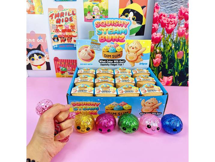 24 pièces/boîte Squishy Pâton Scintillant avec Boîte à Vapeur Décorative Anti-stress et Anxiété Couleurs Aléatoires Doux à Rebond Lent Accessoires de Bureau