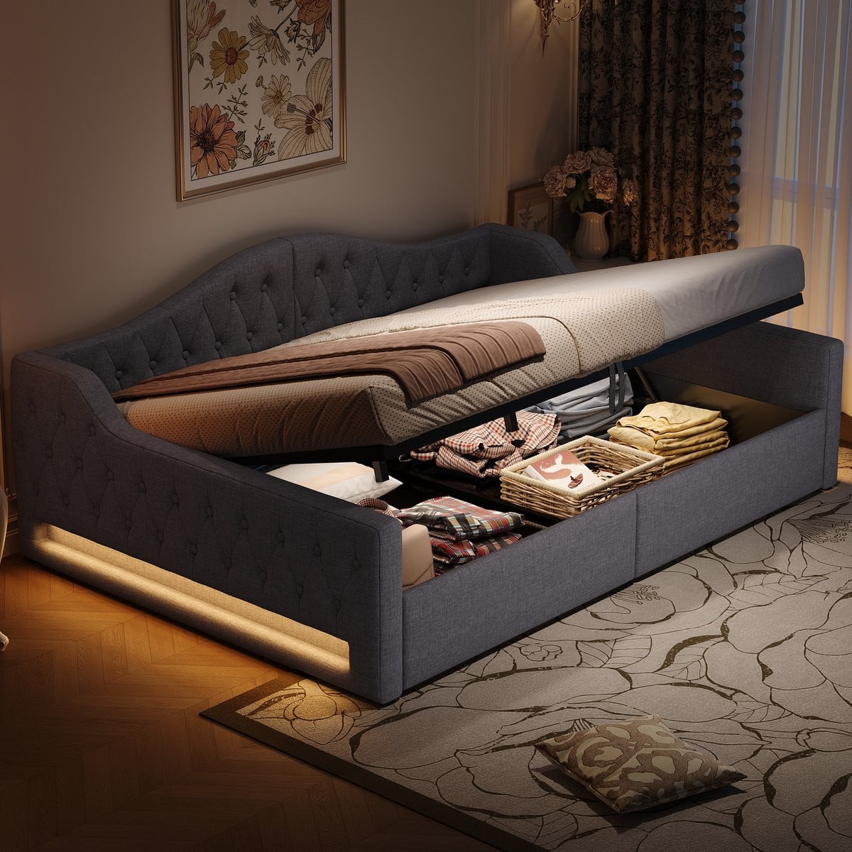 Dagbed 140x200 - Gestoffeerd Bed met Opbergruimte en LED-verlichting - Grijs