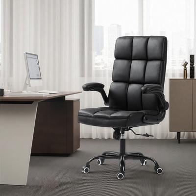 EROMMY Mid-Century Modern Leather Office Chair with Wheels, Ergonomic Rolling Desk Chair, Flip-Up Arms.