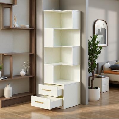 ZWYO HOSIMU "19.7"" Engineered Wood 5-Tier L-Shaped Corner Display Bookcase with 2 Drawers, Metallic Handles & Anti-Topple Hardware"
