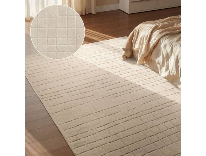 Wollteppich VILLEROY & BOCH Kenso , beige, B:120cm H:15mm L:170cm, Wolle, Teppiche, Wollteppich, Wolle, Kariert, Natur, Handgemacht, Wohnzimmer, Schlafzimmer, Hygge